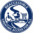 BeAccessible logo — circular badge with wheelchair user, pram, shopping trolley, and accessibility ramp icons, text reads BEACCESSIBLE CREATING ACCESS FOR ALL